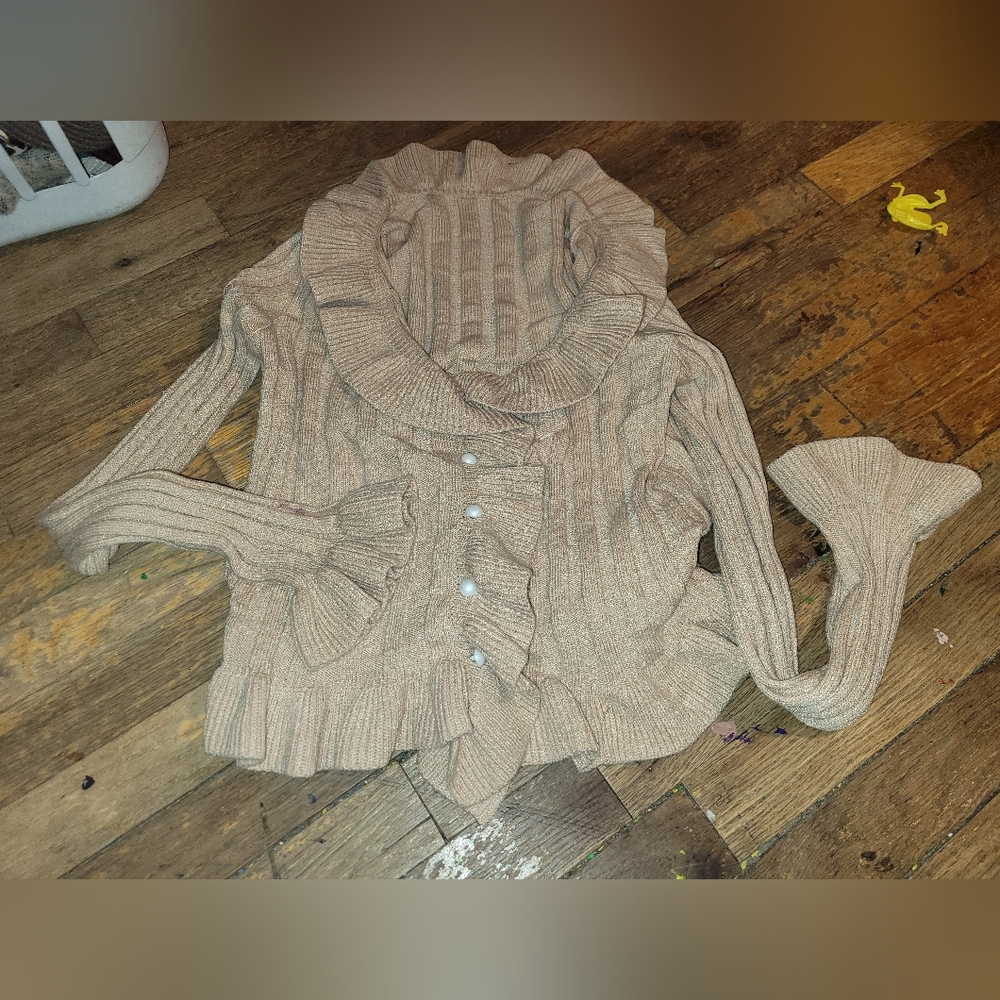 Ruffled Knit Sweater with Pearl Buttons